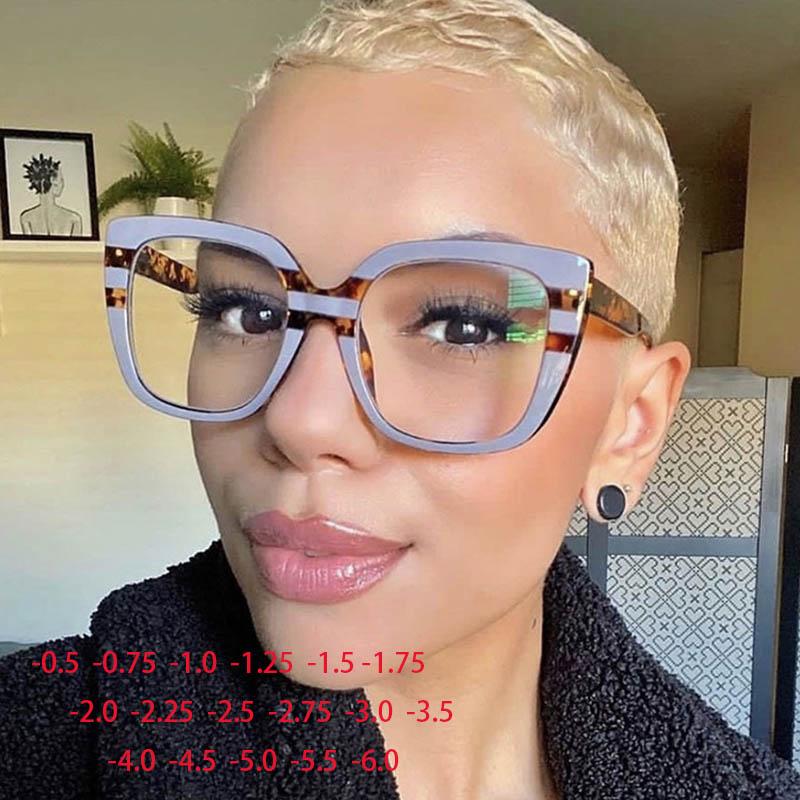 Oversize Square Frame Clear Lens Glasses Colorful Leopard Myopia Nerd Spectacles Degree -0.5 -1.0 -2.0 -3.0 -4.0 To -6.0