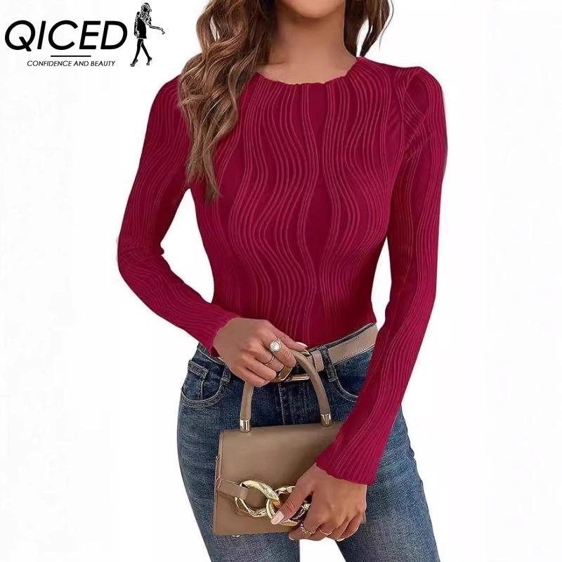 QICED Women's Fashion Casual Solid Color Print Long Sleeve O Neck Blouses & Shirts