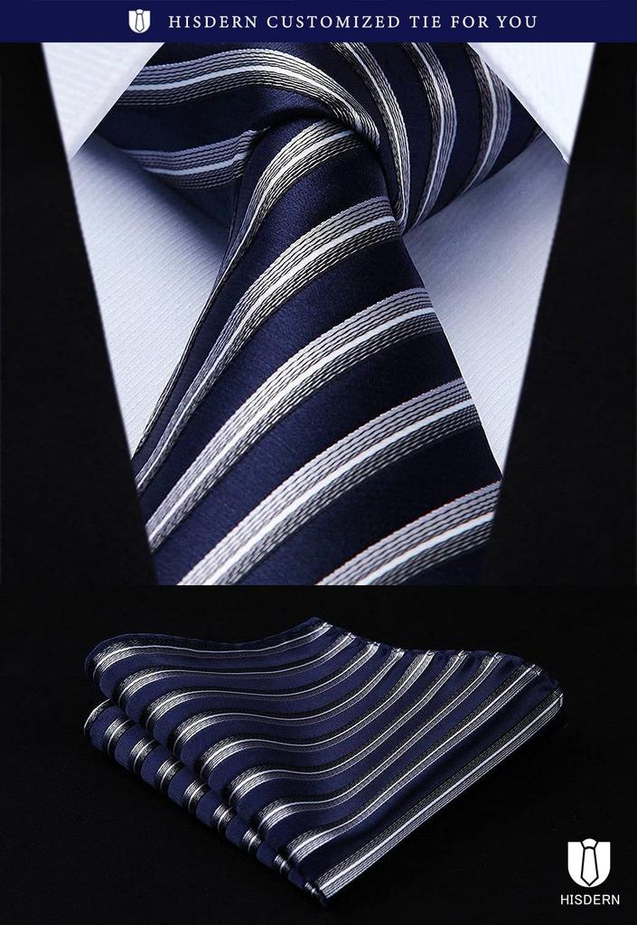 [HISDERN] Business Navy Tie 3-Piece Set - Stylish, Perfect for Weddings, Blue Tie, Pocket Square, Men's Formal Wear, Gift, Washable T3-01