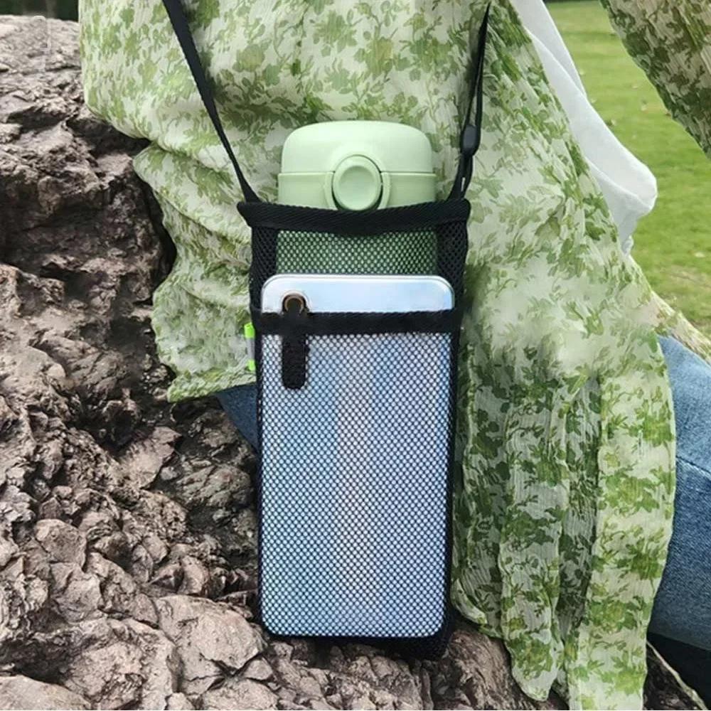 Travel Outdoor Sport Water Bottle Cover Portable Mesh Cup Pouch with Strap Mobile Phone Bag Visible Bag Camping Accessories