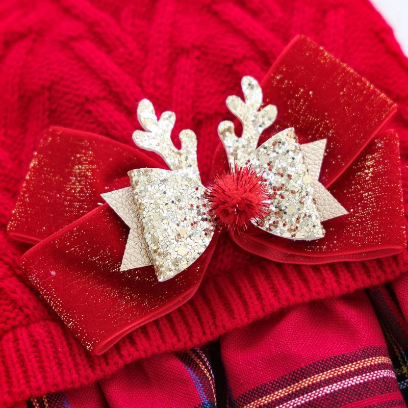 Pet Dog Sweater Dress Small Breeds Christmas Theme Gold Reindeer Knit Outfit Winter Warmth