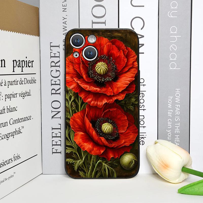 Retro Poppy Flower Bloom Hot Red Printed Phone Case for iPhone 17 16 12 11 14 Plus 13 14 15 Pro Max Mini X XS Floral Soft Cover