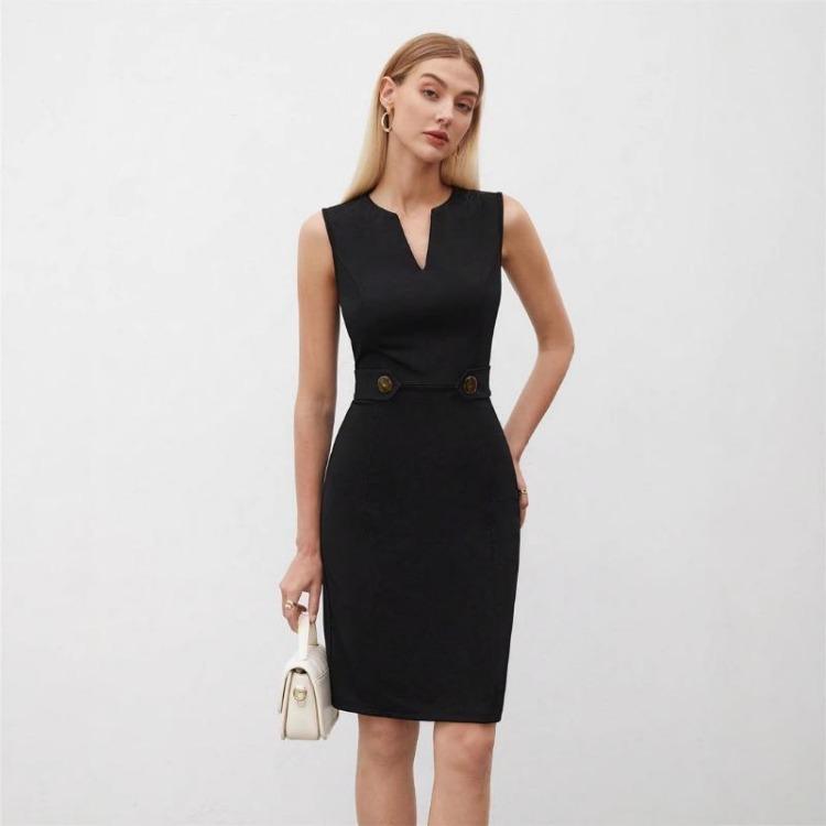 Summer Sleeveless V Neck Dress Women Simple Fashion Commuter Spring Dress S чёрный