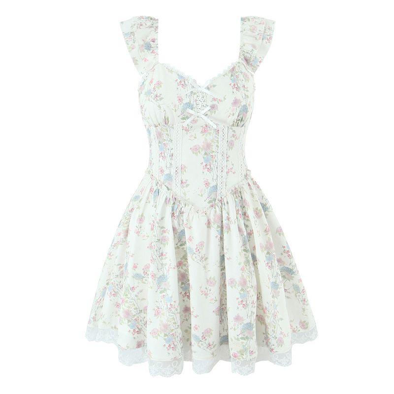 

Manwildflower Love Romantic Cherry Blossom Small Flying Sleeve Sweet Floral French style Waist Hugging Slimming A Word Short dress First Love Dress Wild Flower Love L