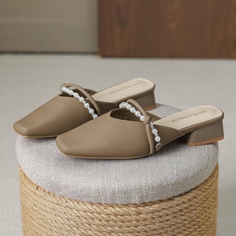 

Нежные полутапочки темпераментные одинарные туфли 2025 новые мягкая кожа толстый каблук квадратный носок тапочки женские J 2025-3 40