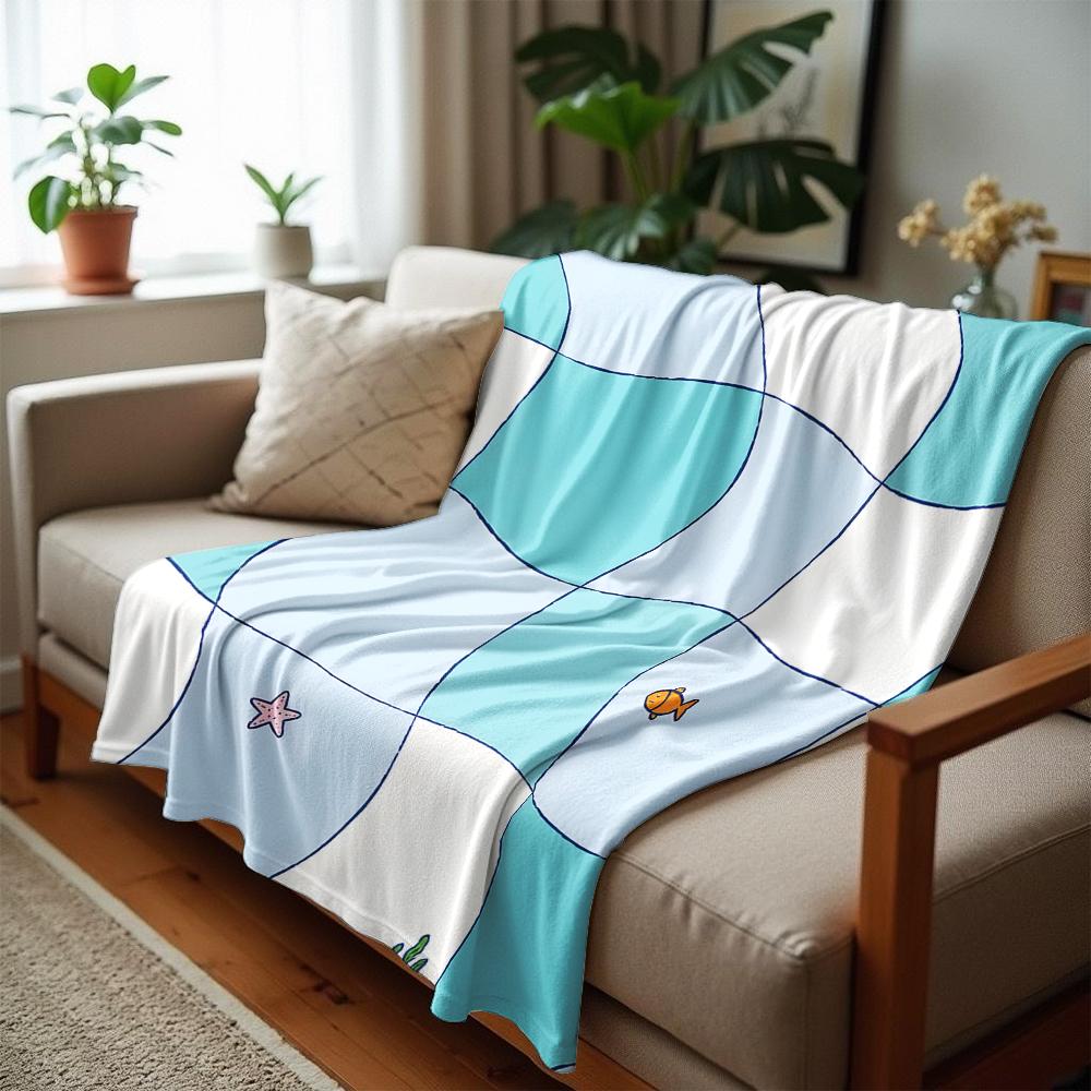 Wavy Checker Marine Tiny Fish Anime Cartoon Flannel Blanket Soft Warm Throw for Bedroom Sofa Car Kids Holiday Gift