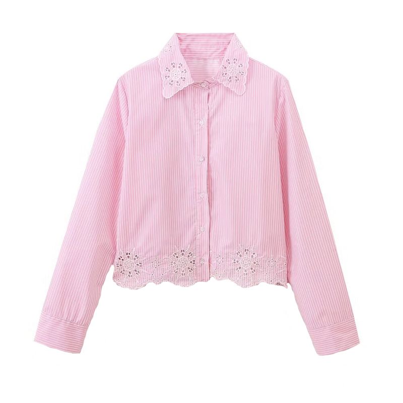 Kaslead New Arrival Women's Fashion Style Fashion Hollowed-out Embroider Stripes Shirt Pink 3564163