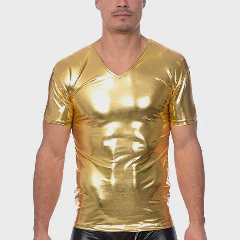 Men's Summer Slim Trendy Short-Sleeve Shiny T-Shirt for Nightclubs