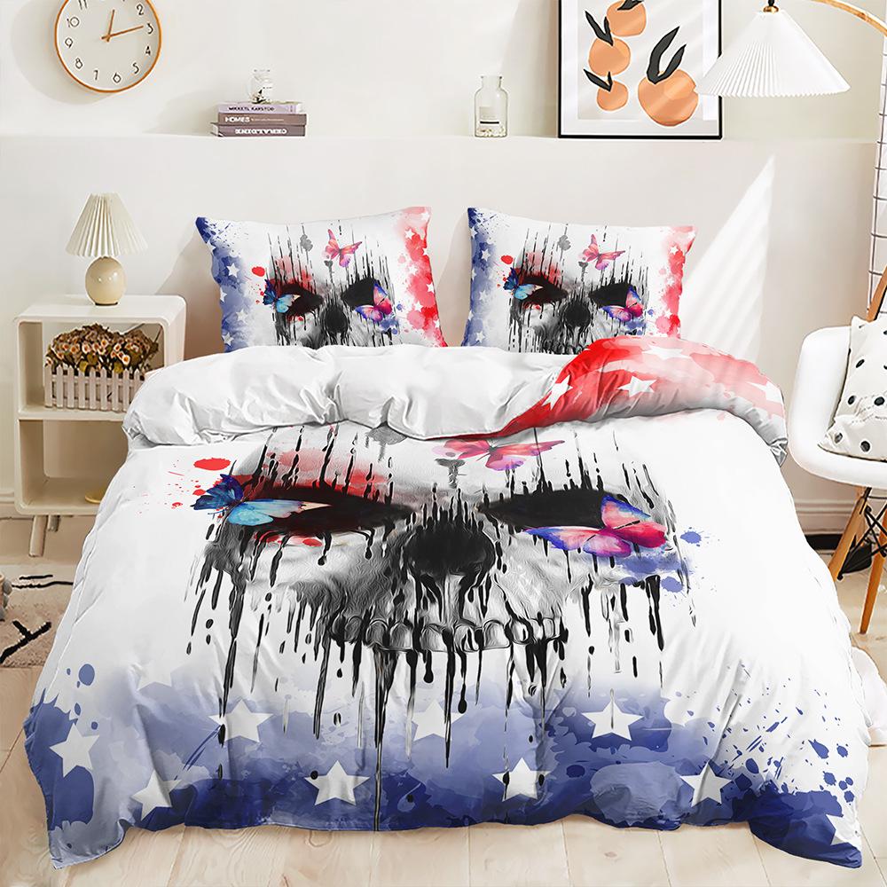 Dreiteiliges Totenkopf-Rosen-Quilt-Set Bettwäsche-Set Kinderzimmer