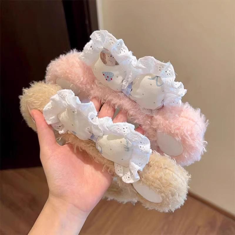 Plush Lace Bow Hairband with Cute Bear Ears for Women - Non-slip Headband Ideal for Face Washing