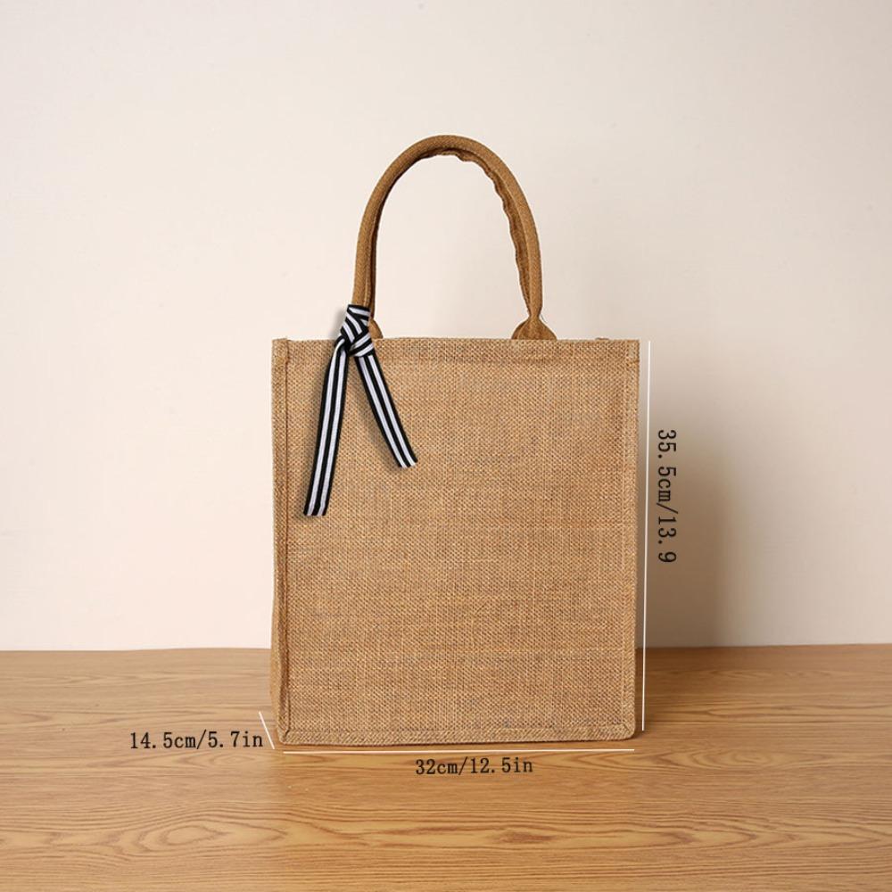 Fashion Large Capacity Linen Tote Bag Ribbon Bow Eco-friendly Bag Shoulder Bag Vintage Jute Women Linen Bag For Women and Girls
