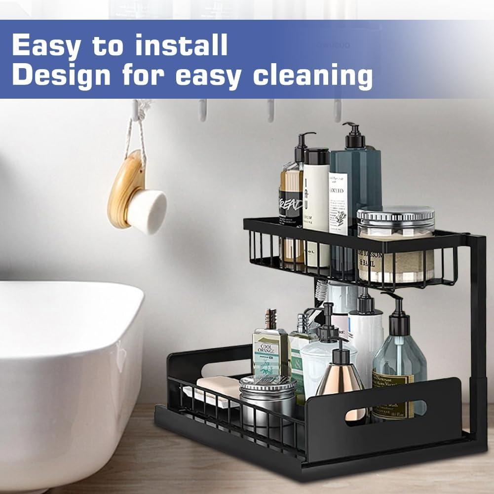 2 Tier Under Sink Organizer Pull Out Storage Rack With Sliding Drawer Storage Wire Basket For Kitchen Bathroom Cabinet Organizer