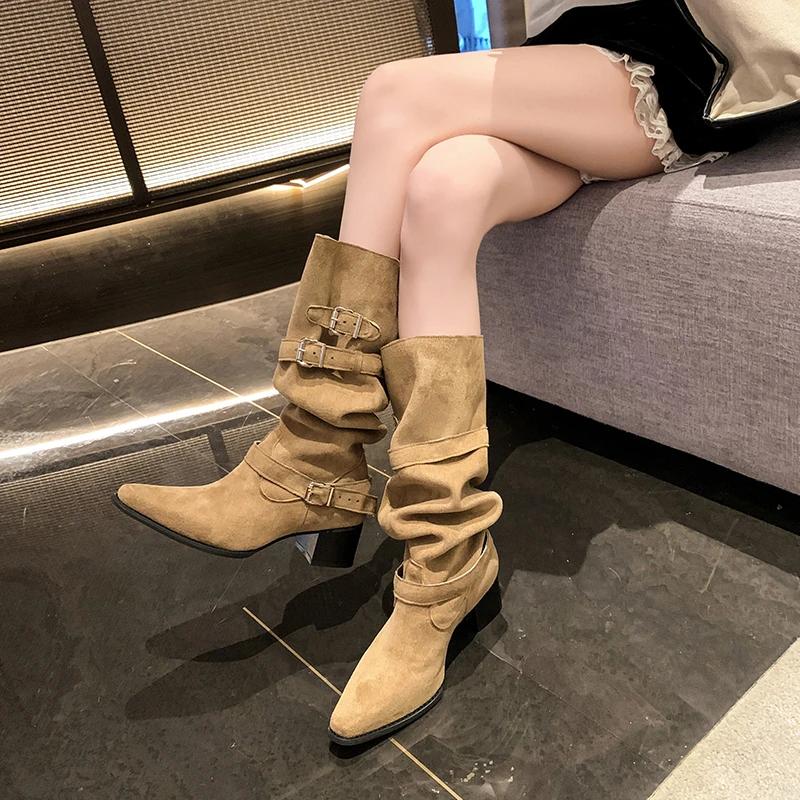 Fashion 2025 New Ladies Shoes Slip-on Women's Boots Fashion Belt Buckle Modern Boots Women Sexy Pointed Toe Best Seller Knee-High Boots