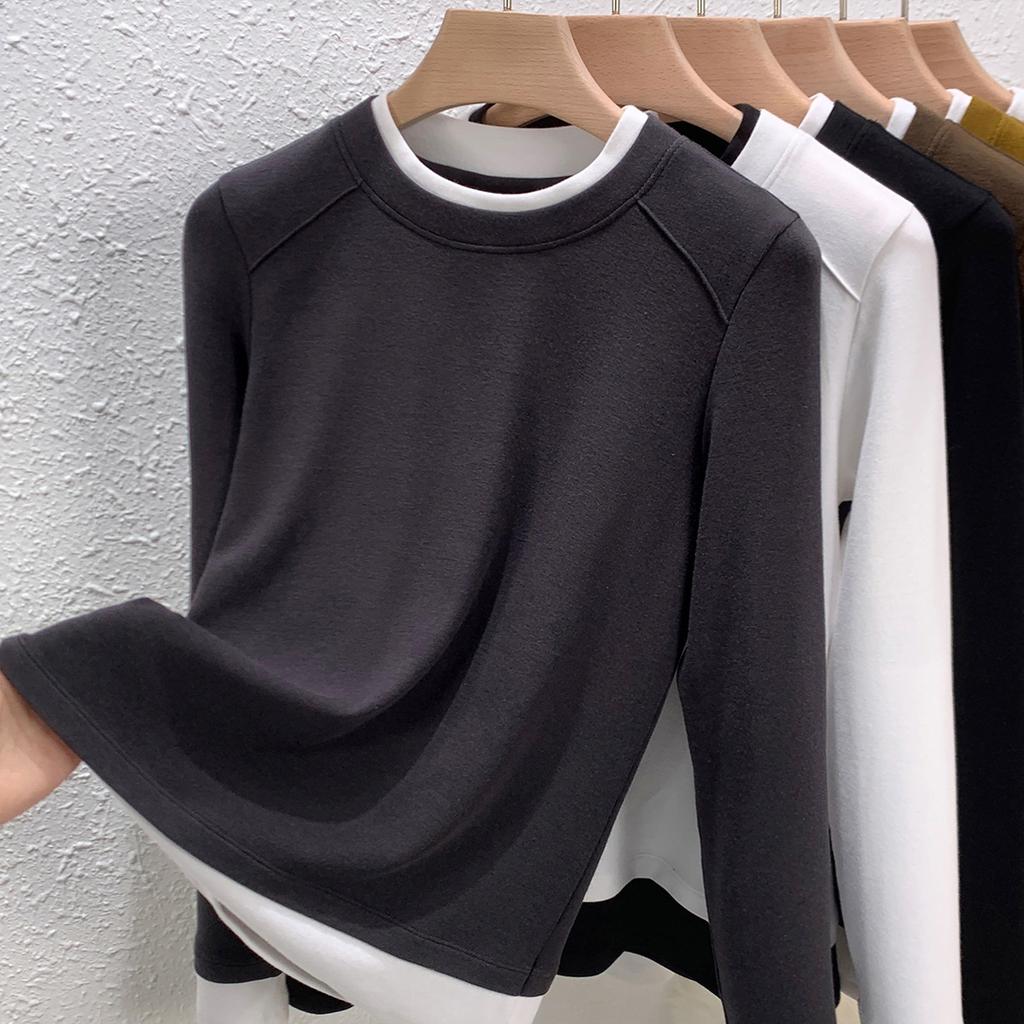 Spring and Autumn New Crew Neck Inner Bottom Shirt Women's Shoulder Slim Fake Two-piece Contrasting Splicing Top