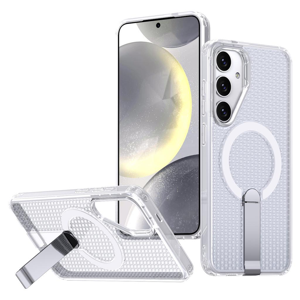 For Samsung Galaxy S25 Magnetic Case Kickstand Grid Texture TPU PC Phone Back Cover
