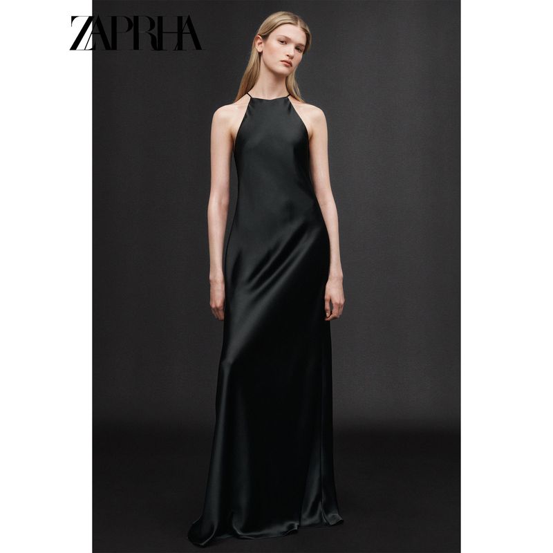 Zaprha 2025 Summer New Fashion Round Neck Fine Sling Silk Satin Texture Midi Dress 3186331