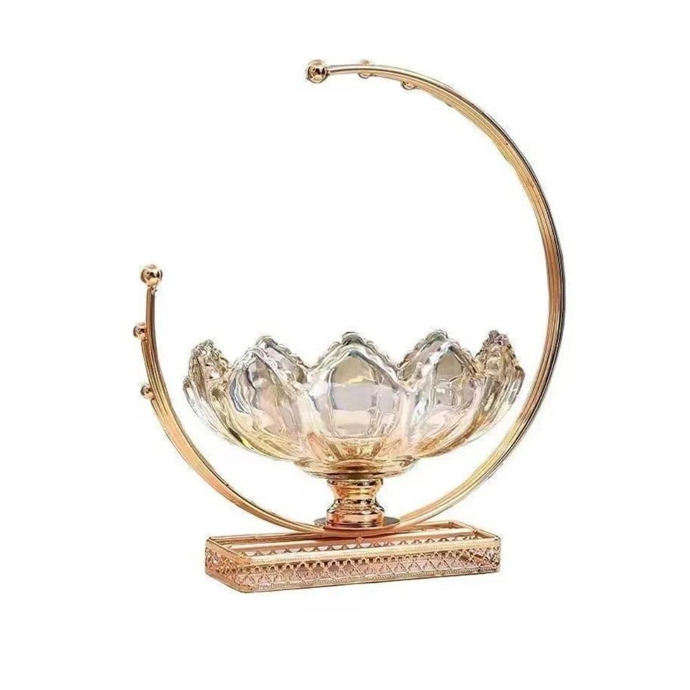 Glass Flower Basket Shape Fruit Plates Large Capacity Decorative Amber Petal Glass Bowl Metal Frame Jewelry Storage Tray