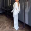 Womens Winter Solid V-Neck Long Sleeve Fitted Midi Dress With Waist Cinching Pleated Mermaid Hem