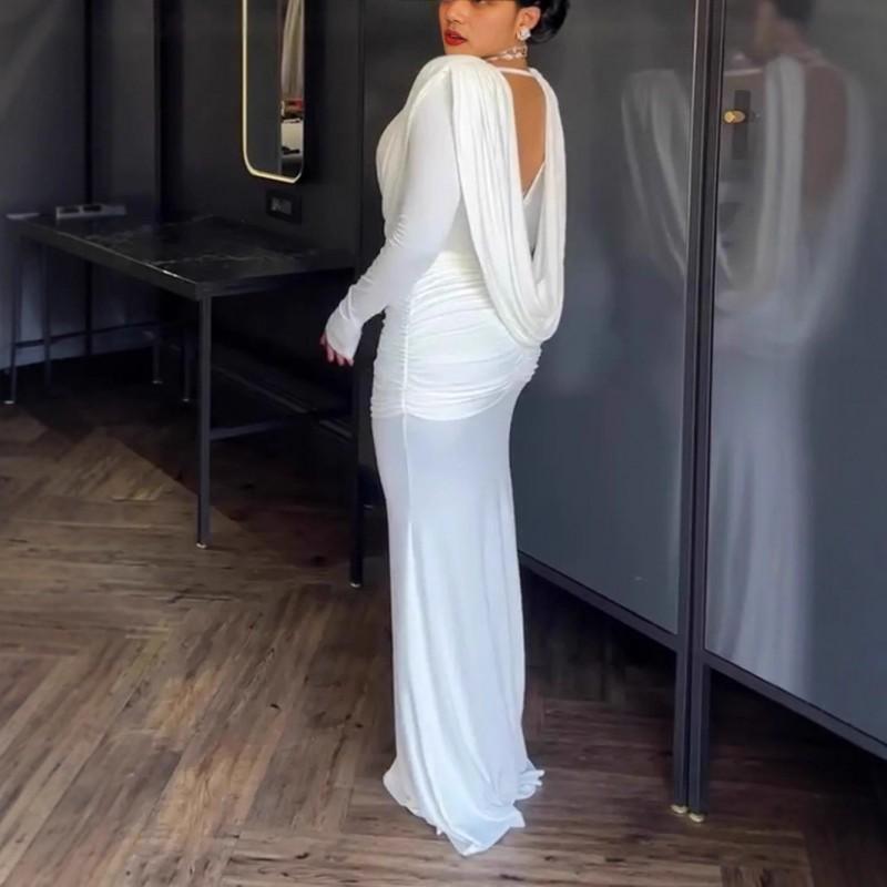Womens Winter Solid V-Neck Long Sleeve Fitted Midi Dress With Waist Cinching Pleated Mermaid Hem
