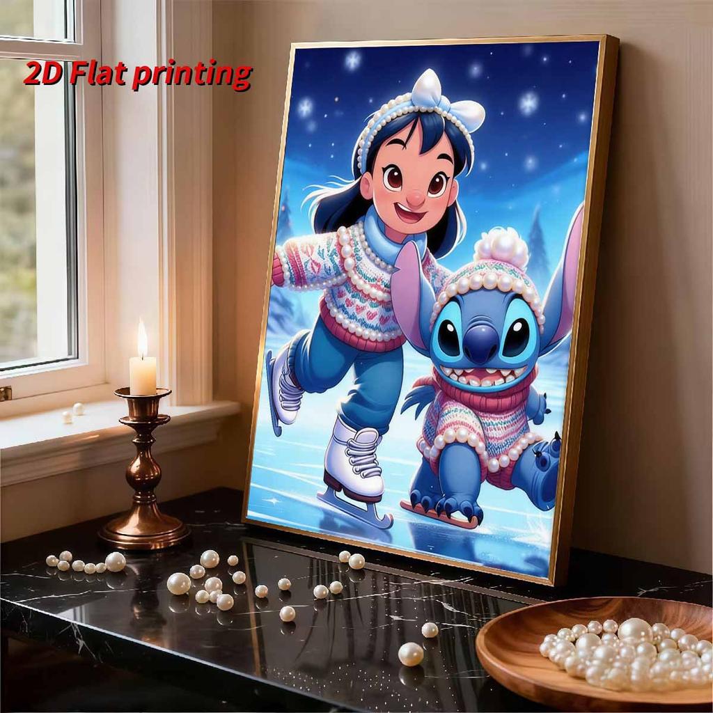 Disney Pearl Painting Lilo and Stitch Ice Skating Winter Healing Creative Art 5D Exquisite Landscape Sparkling Craft HomeWallDecorationDIYHandmadeGift