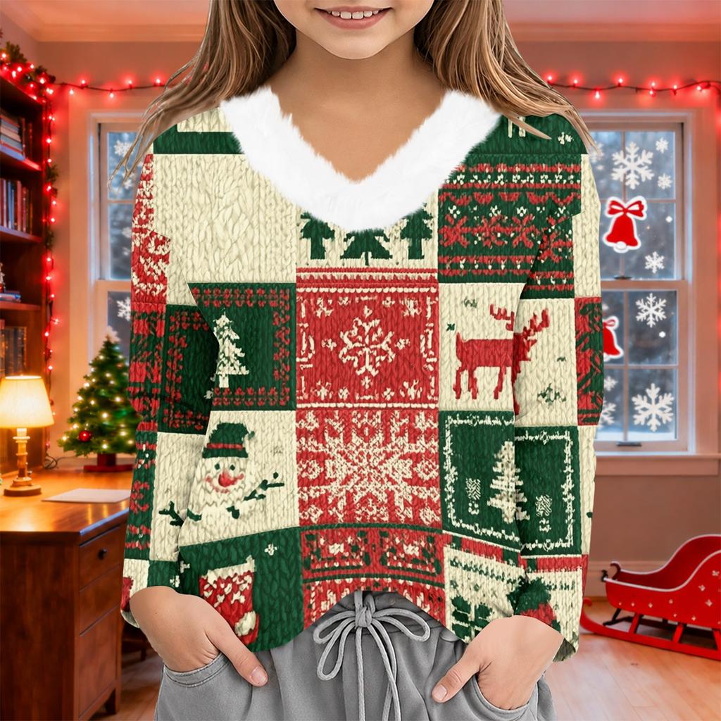 Girls V-Neck Christmas Print Top for Winter