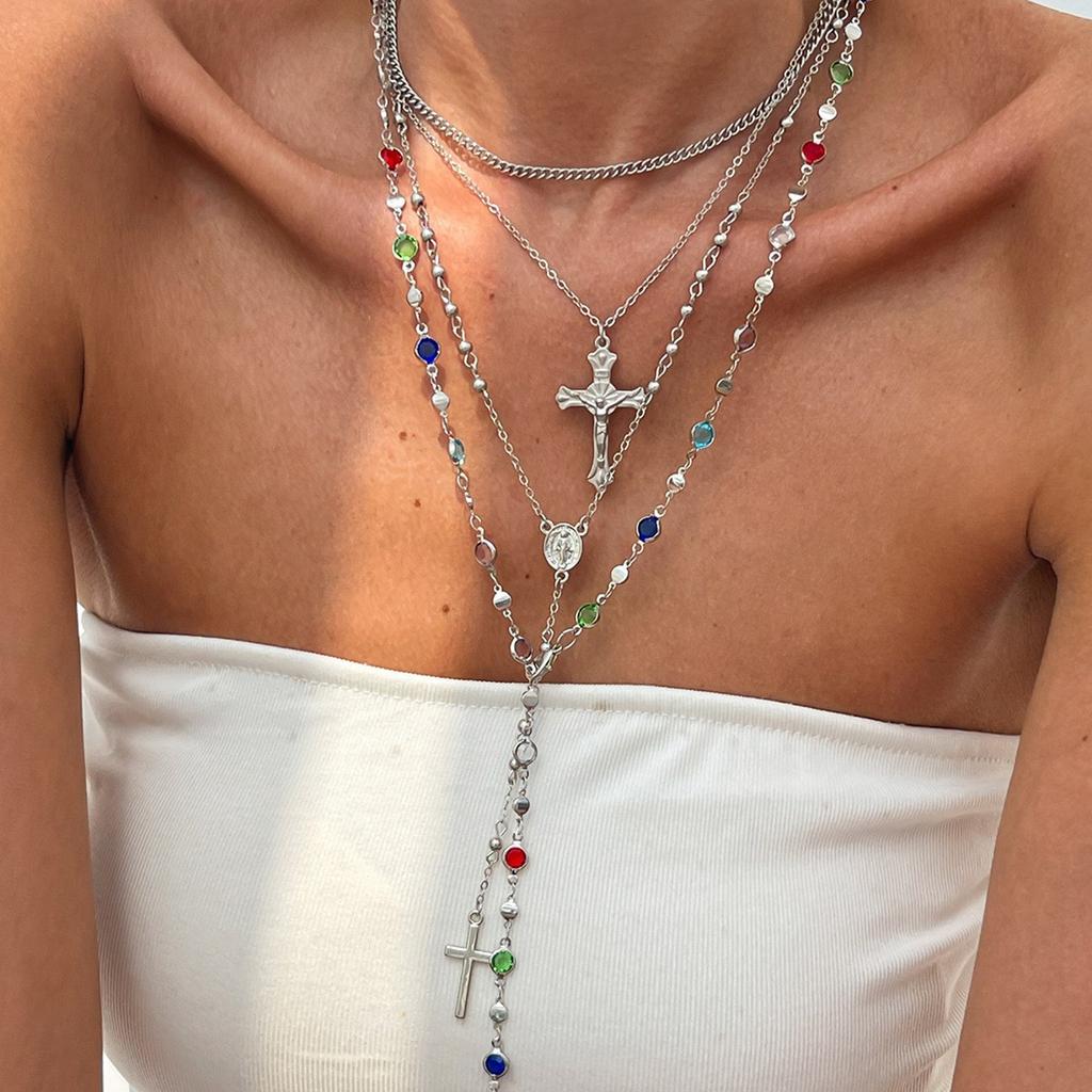 4pcs Vintage Metal Cross Pendant Y-Necklace Set Bohemian Gold Color Pearl Necklaces For Women Daily Vacation Dating Wear Jewelry