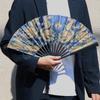 Double Golden Dragon Fan for Men Dragon Tiger Design Japanese Style Foldable Tassel Lightweight Large Size Summer Festival Lucky Charm Feng Shui Blue