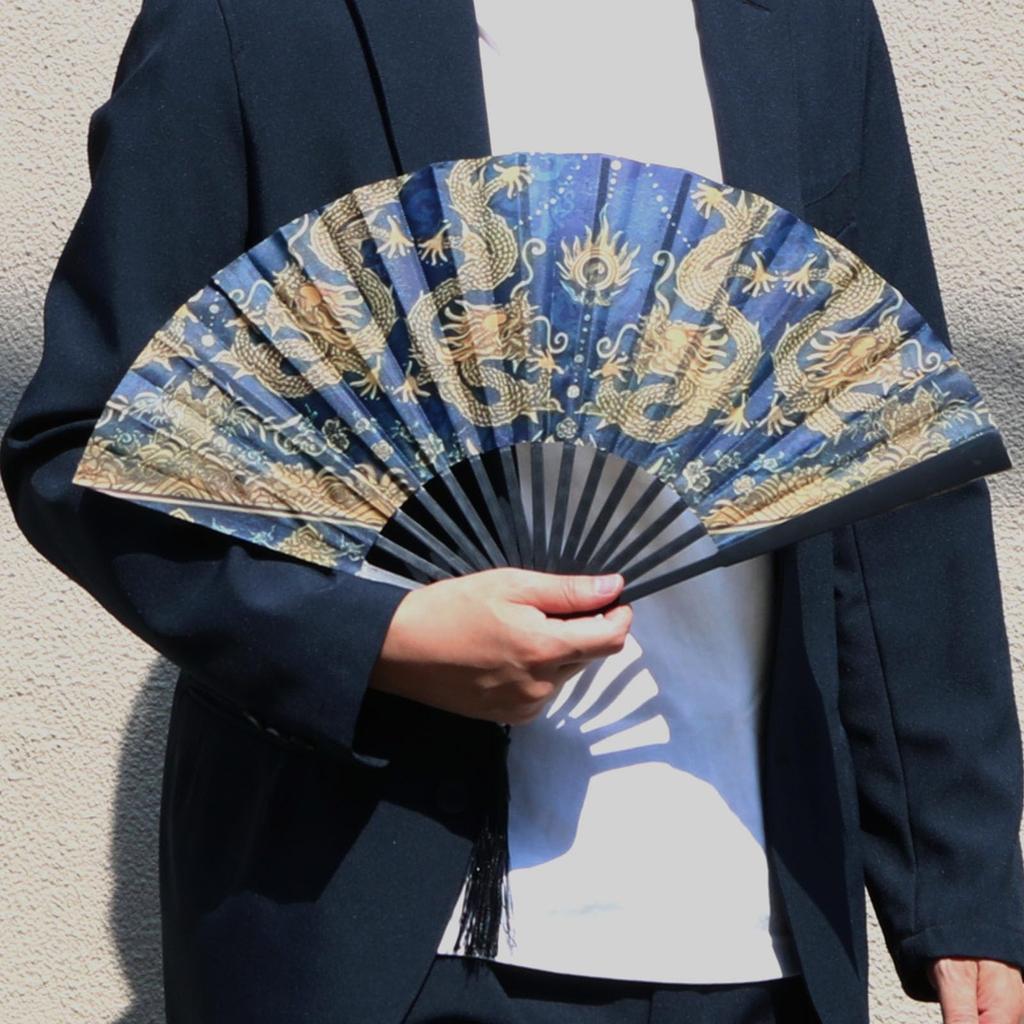 Double Golden Dragon Fan for Men Dragon Tiger Design Japanese Style Foldable Tassel Lightweight Large Size Summer Festival Lucky Charm Feng Shui Blue