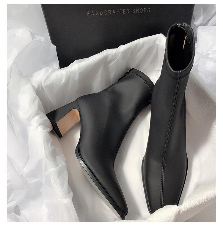

High-heeled boots women s thick-heeled elastic short boots 2025 new autumn French square head single boots fashion temperament small ankle boots 40