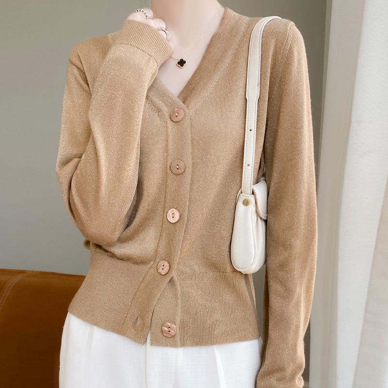 Women's Flashing V-Neck Knitted Cardigan - Lightweight Autumn Sweater, Stylish Short Outerwear, Air-Conditioning Top