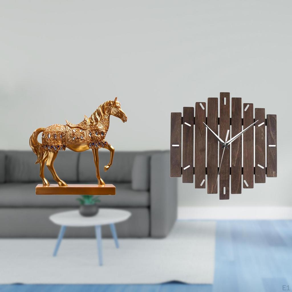 Horse Figurine Animal Sculpture Resin Engraved Statue for Home Office Decor Wooden Wall Clock