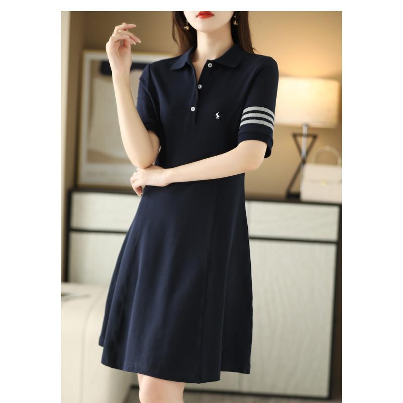 

Новое летнее платье-поло с вышивкой, облегающее, средней длины, для женской моды, универсальное, с широкой юбкой-слингом, юбка из хлопковой нити XXL темно-синий