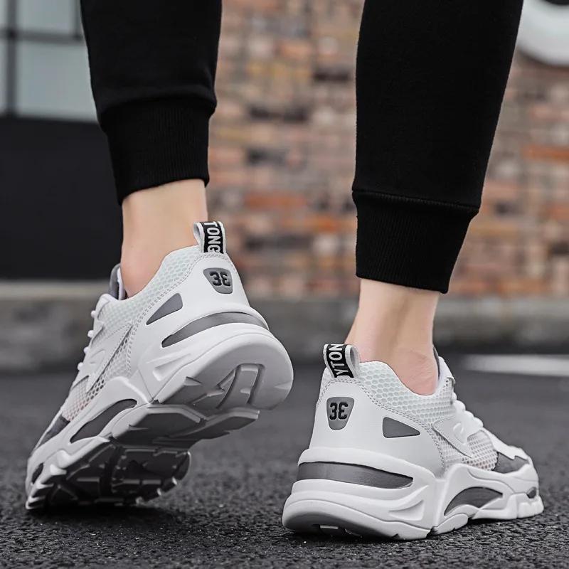 Men's White Mesh Platform Sneakers Breathable Summer Lace Up Casual Shoes Lightweight Fashion Sports Footwear