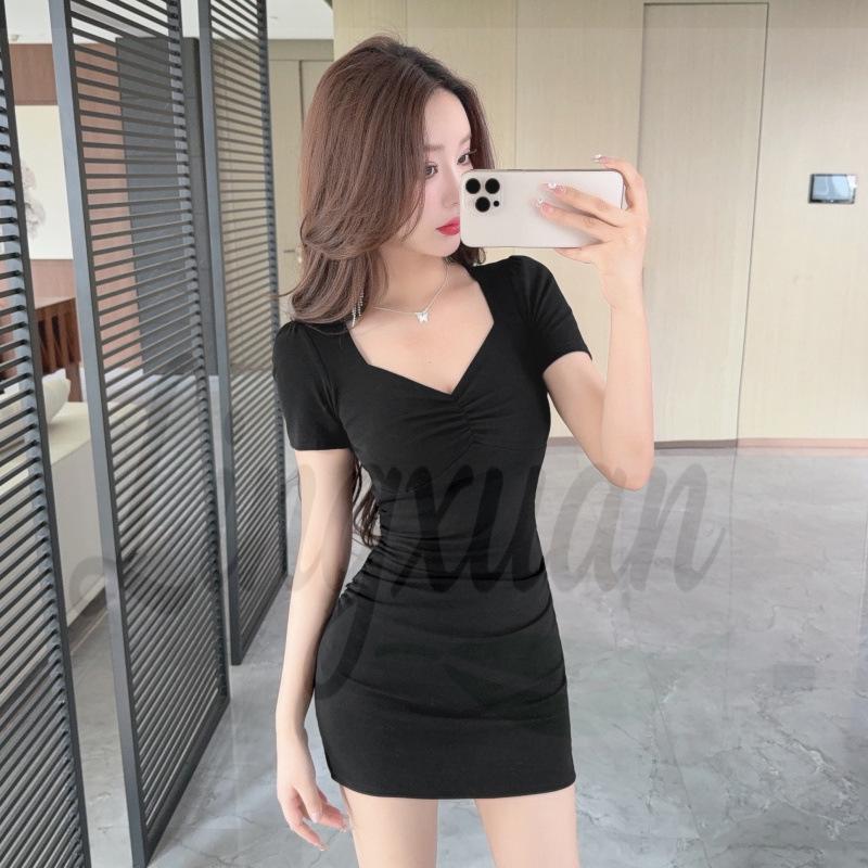 Sexy Ruched Low-Cut Square-Neck Dress