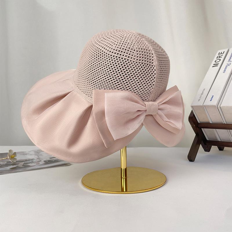 

Bow mesh splicing sun protection hat women s summer eaves UV protection outdoor sun hat breathable bucket hat