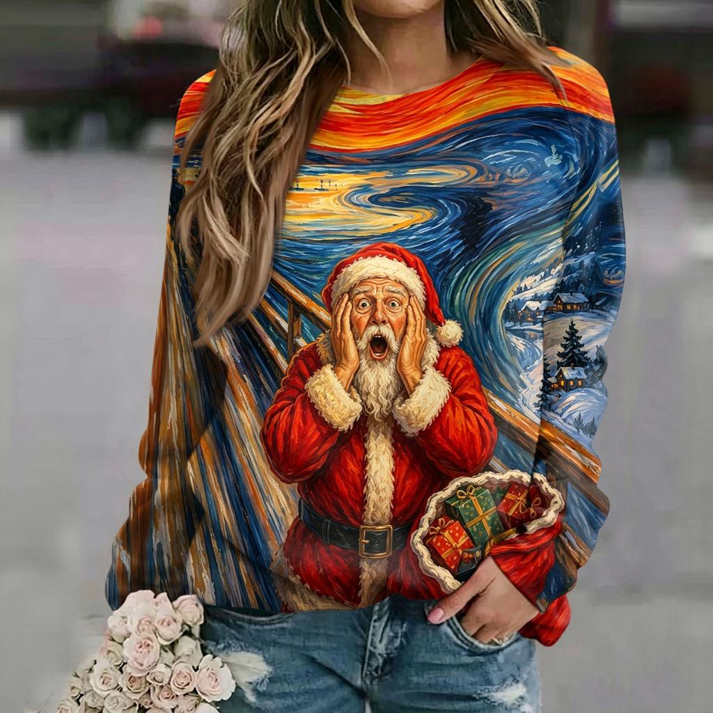 Women's Casual Christmas Print Neck Raglan Long Sleeve Pullover Sweatshirt