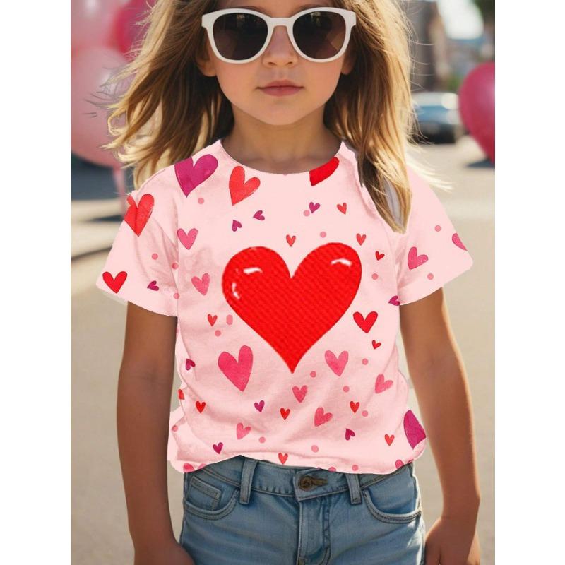 Kids T-shirt 3d Print Summer Round Neck Short Sleeved T-shirt for Girls, Love Christmas Printed Top T-shirt