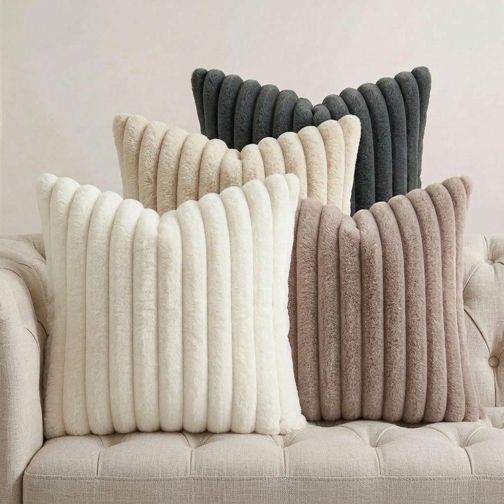 4PCS Soft Plush Pillowcases, Solid Color Striped Faux Rabbit Fur Pillowcases, Living Room Sofa Cushion Covers
