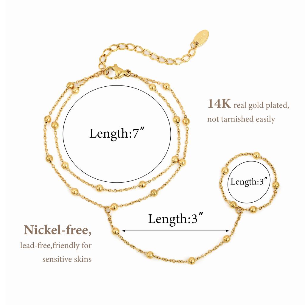 Stainless Steel Hand Chain Ring Bracelet for Women, Adjustable Gold Plated Doule-layer Bracelets, Christmas Party Zircon