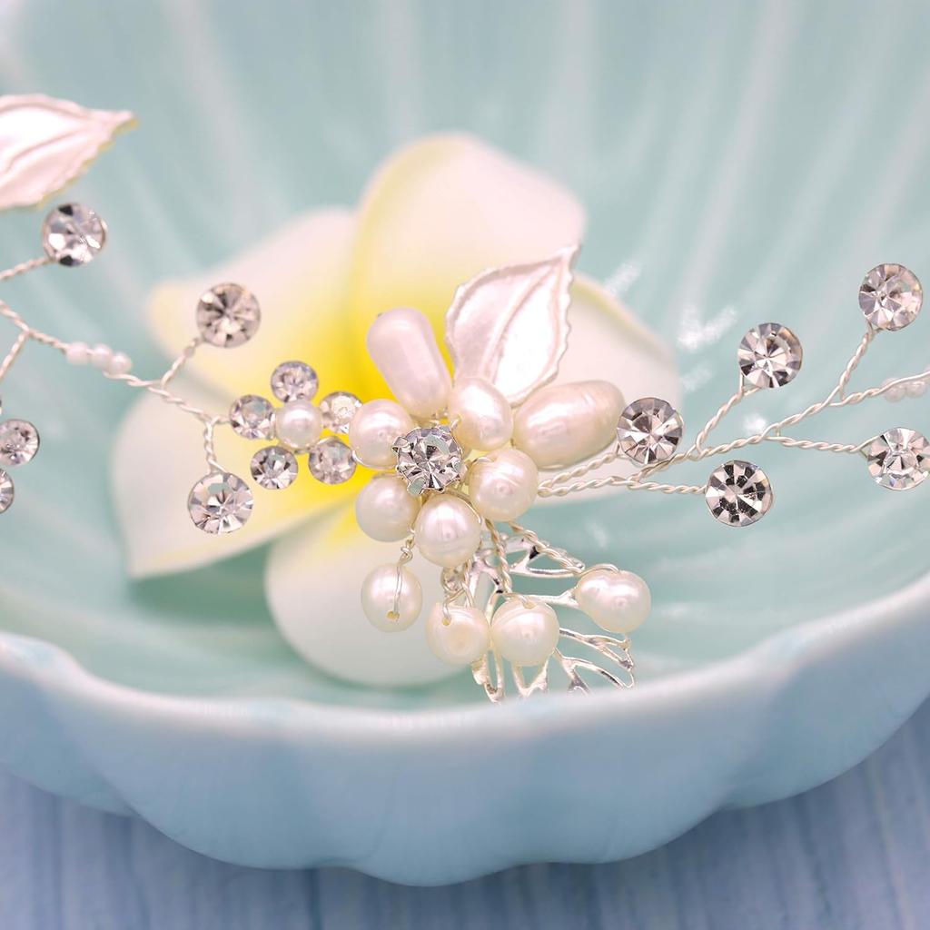 Oriamour Bridal Crystal Headband with Freshwater Pearls Flower Design Wedding Hair Accessories (All Silver)