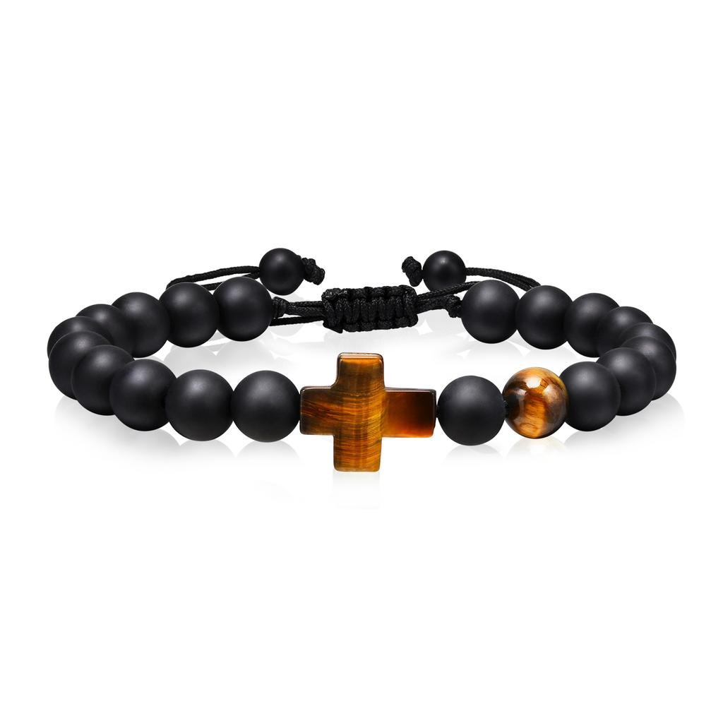 Kreuzarmbänder für Männer Jungen, 8MM Schwarze Natürliche Steine Perlen Religiöses Gebetsarmband Länge Verstellbar,pulseira masculina