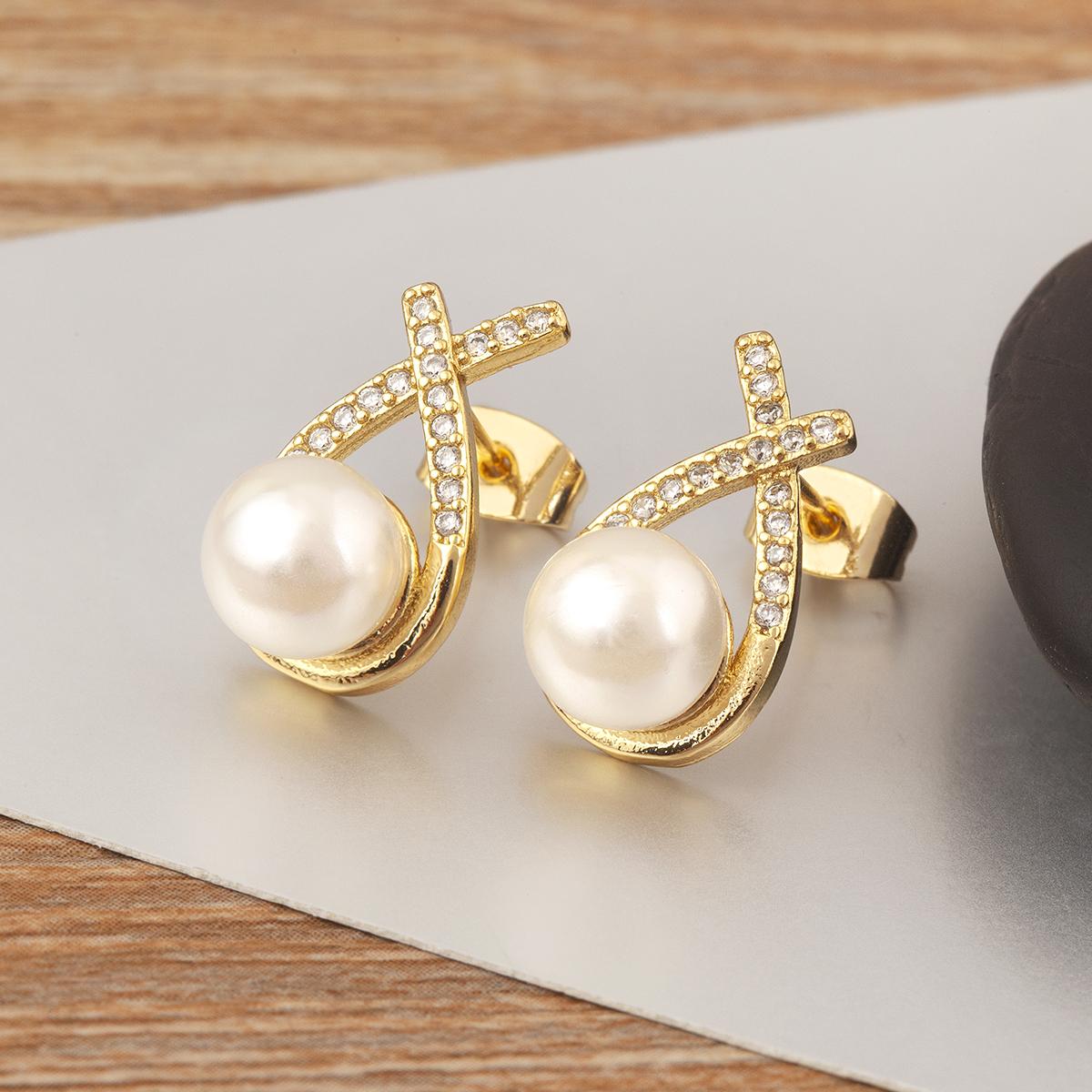 Nidin New Fashion Waterdrop Shape Inlaid Shiny Zircon Pearl Fine Stud Earrings For Women Engagement Wedding Party Ear Jewelry