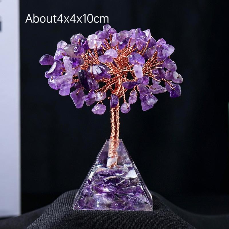 Natural Crystal Chip Money Tree Resin Pyramid Base Home Living Room Decor Ornament Desk Feng Shui Wealth Gift Idea Decoration