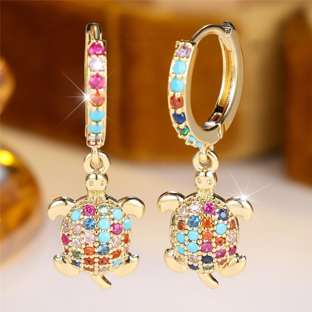 Cute Animal Female Small Rainbow Zircon Stone Turtle Hoop Earrings Trendy Fashion Gold Color Wedding Jewelry For Women