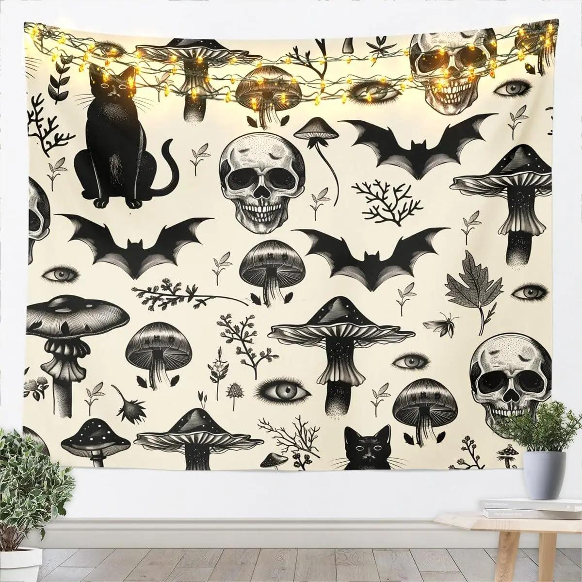 

VIKAMA Dark Fairy Tale Mushroom Skeleton Tapestry Gothic Hand Painted Pattern Bedroom HeadboardDormitory Wall Decor Tapestry 74x94cm(29x37in)