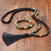 Women's Retro Black Natural Stone Beaded Necklace & Tiger Eye Bracelet Tassel Jewelry Set