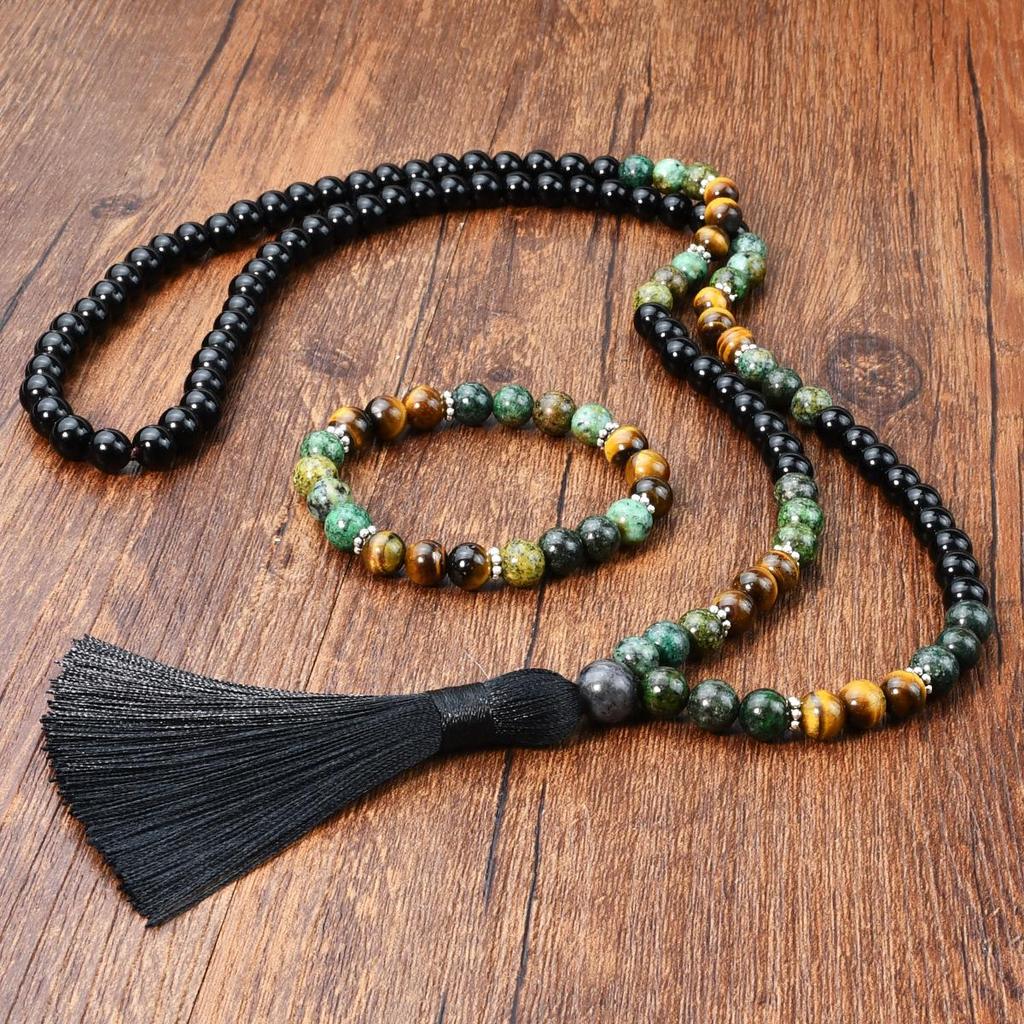 Women's Retro Black Natural Stone Beaded Necklace & Tiger Eye Bracelet Tassel Jewelry Set