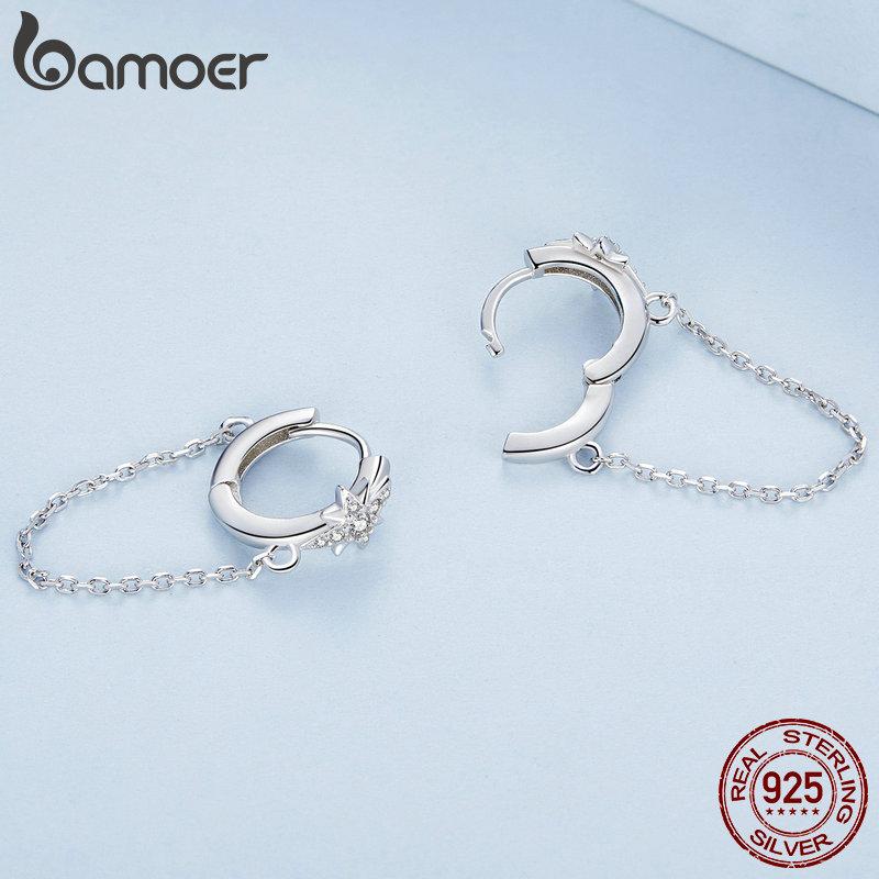 BAMOER 925 Sterling Silber Stern-Creolen, lange Quasten-Ohrschnallen, Pavé-Fassung, CZ für Damen, feiner Schmuck