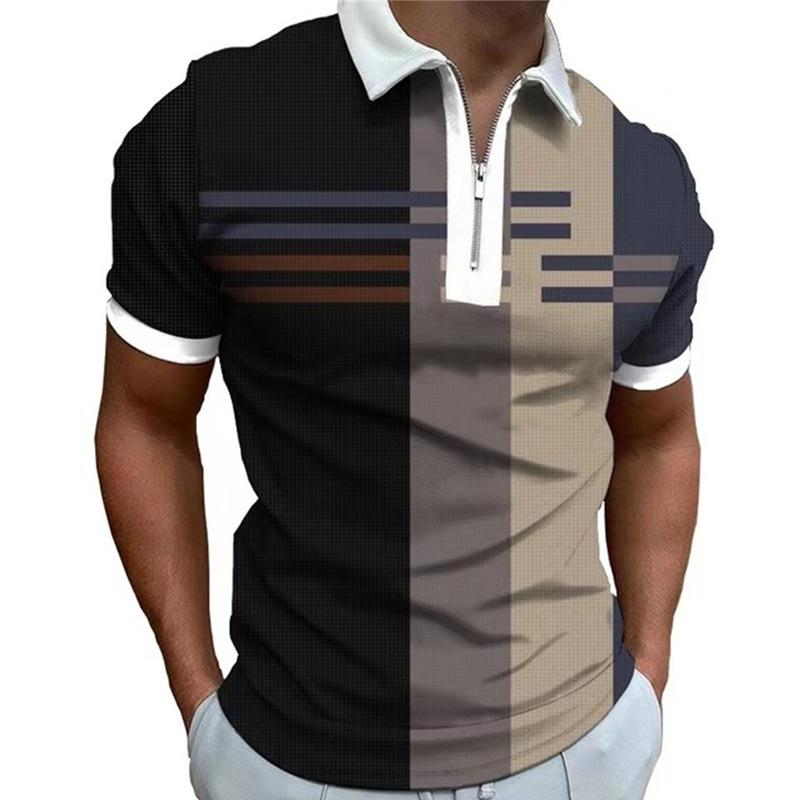 Geometric Pattern Short-Sleeve Zip Polo Shirt, Stylish Casual Men's Top