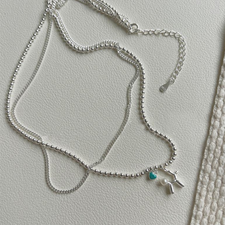Halskette im koreanischen Stil aus S925 Sterlingsilber, doppellagig, mit Ballonhund und Epoxy-Herz - Minimalistisches Damen-Design